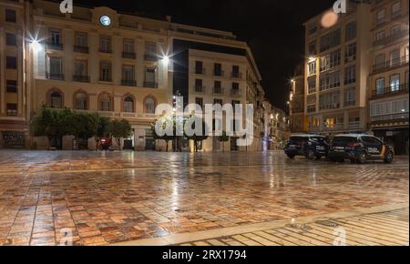 Incroyable photographie de nuit autour de la Plaza de la Constitucion et de la rue marques de Larios. Malaga vieux centre-ville rues vides la nuit. Malaga Banque D'Images