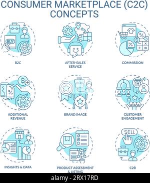 Jeu d'icônes de ligne bleue fine modifiable représentant C2C Illustration de Vecteur