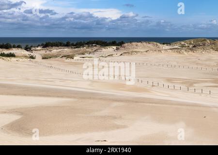 Sentier touristique à travers la dune de sable mouvante Lacka gora près du village de Leba dans le parc national Slovincien, Pologne Banque D'Images