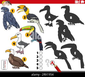 Illustration de dessin animé de trouver les ombres à droite aux images jeu éducatif avec des personnages animaux d'oiseaux Illustration de Vecteur