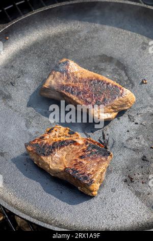 tranches de viande de bœuf rôti sur une poêle en fonte sur un gril à charbon de bois Banque D'Images