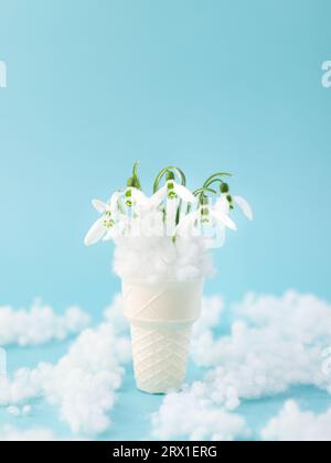 gouttes de neige printanière dans un cône gaufré. Couverture de printemps ou carte postale Banque D'Images