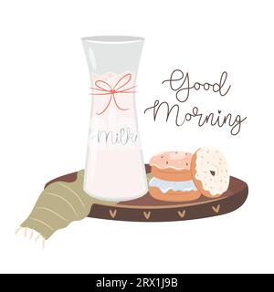 Bonjour. Lait et beignets sur le plateau en bois Concept de petit déjeuner matinal. Concept confortable de journées d'automne. Illustration de Vecteur