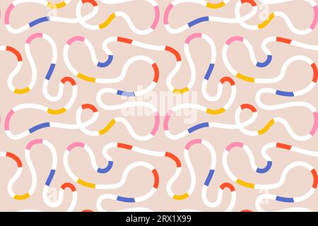 Motif sans couture d'impression abstraite colorée de Squiggles, spirale griffonnante et lignes ondulées. Brosse chaotique sans fin griffonne sur fond beige. Vector ill Illustration de Vecteur