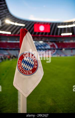 Drapeau d'angle, tableau d'affichage, logo, FC Bayern, tribune, heure bleue, Ligue des Champions, Allianz Arena, Munich, Bavière, Allemagne Banque D'Images