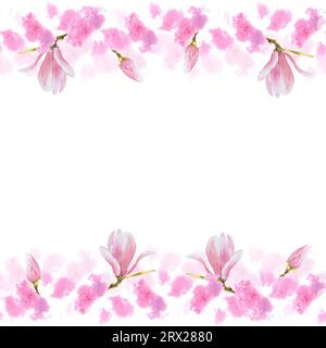Bannière florale sans couture, cadre. Aquarelle rose magnolias fleurs, bourgeons, peint à la main sur fond blanc illustration isolée avec taches roses Design Banque D'Images