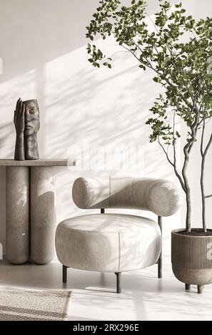 Salon beige Boho avec chaise longue, arbre et fond de sculpture. Vue sur la nature japonaise moderne et lumineuse. rendu 3d. Illustration 3D de haute qualité Banque D'Images