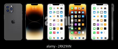 Nouvel iPhone 15 noir, gris. Apple inc. Smartphone avec ios 15. Écran verrouillé, page de navigation du téléphone, page d'accueil avec 47 applications populaires. Fond noir. Illustration de Vecteur