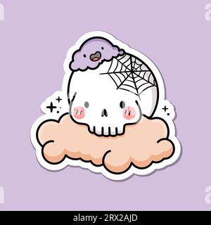 Crâne mignon Kawaii halloween sur un nuage. Illustration vectorielle. Illustration de Vecteur