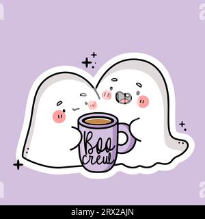 Mignons fantômes Kawaii avec tasse à café. Citation de l'équipage BOO. Illustration vectorielle. Illustration de Vecteur
