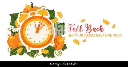 Bannière concept temps de retour. Horloge sur fond d'automne avec des citrouilles et des feuilles d'automne. Les poignées de l'horloge reviennent à l'heure. Heure d'été Illustration de Vecteur