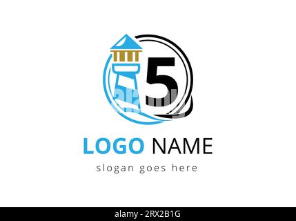 Lettre 5 Lighthouse logo Design Vector modèle. Logo de phare vectoriel moderne pour entreprise, organisation ou site Web Illustration de Vecteur
