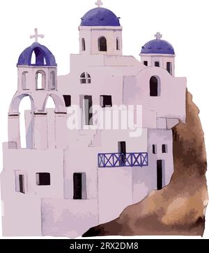 Dessin plat de style aquarelle des MAISONS CYCLADIQUES DE SANTORINI, GRÈCE Illustration de Vecteur