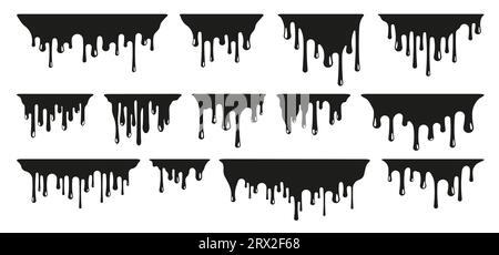 Peinture noire fondante. Éclaboussures et gouttes de coups de pinceau avec taches et fuites, icônes de pinceau sales. Ensemble isolé de vecteur. Différentes bordures avec encre fluide, conception liquide collante Illustration de Vecteur