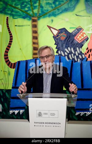 Madrid, Espagne. 22 septembre 2023. Présentation des œuvres du peintre australien Jordy Kerwick. Présentation de l’exposition par Guillermo Solana, directeur artistique du Musée Thyssen-Bornemisza. La collection présentée aujourd'hui, sont des œuvres du peintre Jordy Kerwick (Melbourne, 1982), et fait partie du programme d'exposition dédié à la collection de Blanca et Borja Thyssen-Bornemisza. Crédit : EnriquePSans/Alamy Live News Banque D'Images