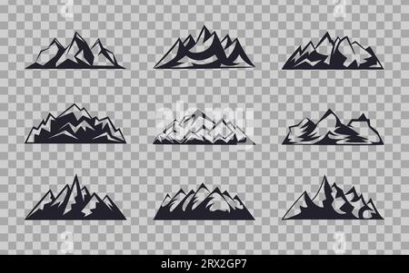 Set Mountains Peaks, ski logo design éléments collection d'icônes isolé sur fond transparent. Illustration vectorielle enquête sur les accidents, randonnée, Illustration de Vecteur