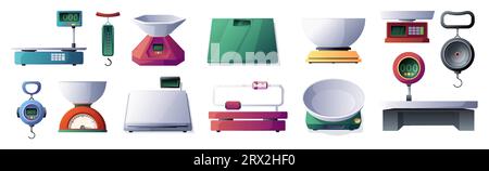 Différents types d'échelles. Balance de cuisine de mesure pour peser la masse, instruments de balance pour la graisse corporelle, le prix, l'égalité et le concept de justice. Jeu de vecteurs. Equipement de mesure de poids Illustration de Vecteur