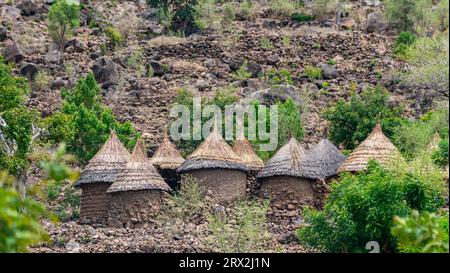 Cabanes traditionnelles à la frontière du Nigeria, du nord du Cameroun, de l'Afrique Banque D'Images