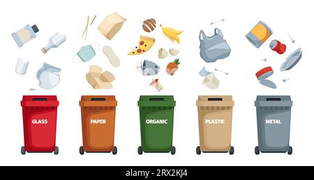 Recyclage des poubelles. Cartoon recyclage des conteneurs d'élimination des déchets, recyclage du panier d'élimination des déchets avec différents types de déchets, concept de séparation des déchets. Jeu de vecteurs. Verre, papier, bacs organiques Illustration de Vecteur