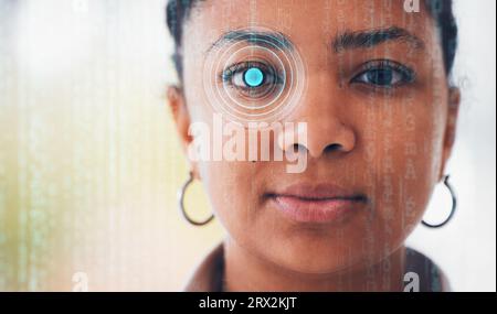 Cybersécurité, portrait de femme et scan des yeux pour la reconnaissance faciale et le contrôle biométrique. Scanner d'identité, surveillance de rétine et système de sécurité pour Banque D'Images