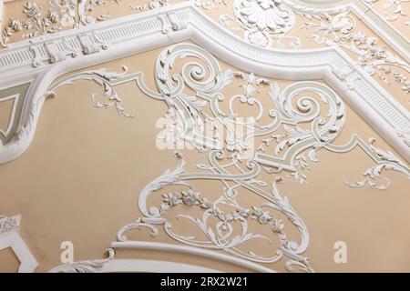 Détails design bas-relief en gypse blanc avec motif floral sur plafond Biège, modèle abstrait d'architecture classique Banque D'Images