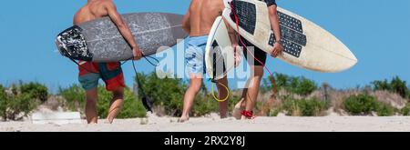 Vue arrière de trois hommes marchant sur la plage portant leurs planches de surf à côté des dunes de sable sous un ciel très bleu. Banque D'Images