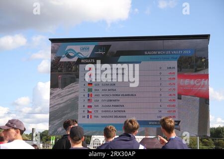 Waltham Cross, Royaume-Uni. 22 septembre 2023. Les Championnats du monde 2023 de slalom en canoë de l’ICF se déroulent au Lee Valley White Water Centre. Résultat de la finale féminine du slalom C1. Crédit : Eastern Views/Alamy Live News Banque D'Images