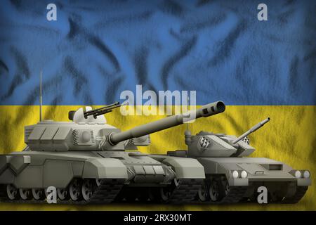 Chars sur le fond du drapeau de l'Ukraine. Concept de forces de char d'Ukraine. Illustration 3D. Banque D'Images