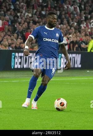 Chancel Mbemba de l'Olympique Marseille lors du match de football UEFA League Europa entre l'Ajax Amsterdam et l'Olympique Marseille le 21 septembre 2023 au stade Amsterdam Arena à Amsterdam, pays-Bas - photo Laurent Lairys / DPPI Banque D'Images