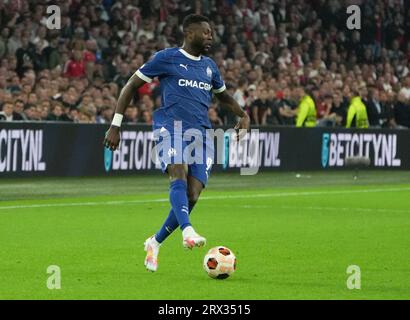 Chancel Mbemba de l'Olympique Marseille lors du match de football UEFA League Europa entre l'Ajax Amsterdam et l'Olympique Marseille le 21 septembre 2023 au stade Amsterdam Arena à Amsterdam, pays-Bas - photo Laurent Lairys / DPPI Banque D'Images