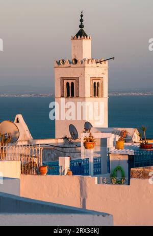 Tour et toits de Sidi Bou Said au coucher du soleil devant la Méditerranée, Tunis, Tunisie, Afrique du Nord, Afrique Banque D'Images