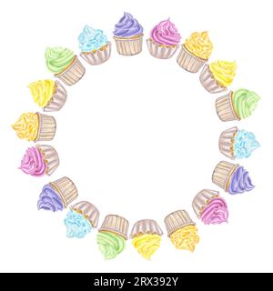Cadre circulaire couronne arc-en-ciel multicolores cupcakes muffins, crème fouettée sucrée. Clipart alimentaire. Illustration aquarelle dessinée à la main isolée sur bac blanc Banque D'Images