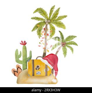 Caraïbes Joyeux Noël peinture aquarelle avec palmiers arbre de Noël, cactus et chapeau de Santa. Carte postale du nouvel an à Tropical Beach Banque D'Images