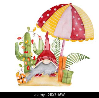 Peinture aquarelle joyeuse de noël des Caraïbes avec nain drôle, parasol et cactus festifs du Mexique. Carte postale tropicale du nouvel an avec gnome Banque D'Images