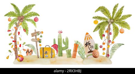 Peinture aquarelle joyeuse de noël des Caraïbes avec palmier de Noël, cactus et planche de surf dans le sable. Carte postale du nouvel an sur la plage tropicale Banque D'Images