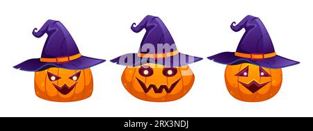 Couper les citrouilles avec les chapeaux de sorcière mis en place. Personnages d'Halloween. Éléments dans le style de bande dessinée pour les dessins. Vecteur coloré Illustration isolé sur backgrou blanc Illustration de Vecteur