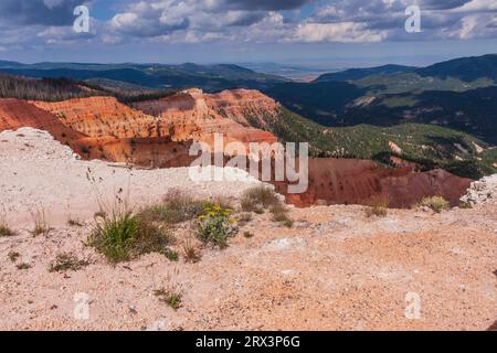 Hoodoos et falaises colorées au monument national de Cedar Breaks dans l'Utah. Les Indiens appelés Cedar brisent le cercle des falaises peintes. Haute altitude. Banque D'Images