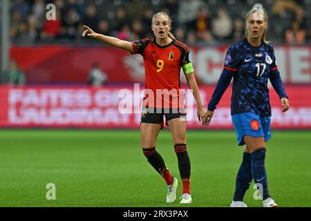 Heverlee, Belgique. 22 septembre 2023. La Belge Tessa Wullaert fait des gestes lors d'un match entre l'équipe nationale féminine belge les Red Flames et les pays-Bas, le 1/6e match de la compétition de la Ligue des Nations féminine de l'UEFA 2023¿24, le vendredi 22 septembre 2023, à Heverlee. BELGA PHOTO DAVID CATRY crédit : Belga News Agency/Alamy Live News Banque D'Images