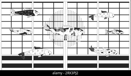 Carp koi nageant dans le papier peint lofi noir et blanc de maison inondée Illustration de Vecteur