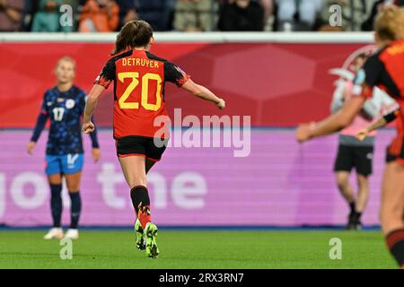 Heverlee, Belgique. 22 septembre 2023. La Belge Marie Detruyer célèbre après avoir marqué lors d'un match entre l'équipe nationale féminine de Belgique les Red Flames et les pays-Bas, le 1/6e match de la compétition 2023¿24 UEFA Women's Nations League, le vendredi 22 septembre 2023, à Heverlee. BELGA PHOTO DAVID CATRY crédit : Belga News Agency/Alamy Live News Banque D'Images