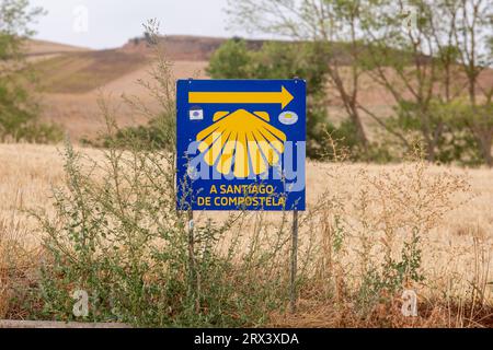 Panneau de direction poteau waymarker sur le Camino de Santiago le chemin de St James route de pèlerinage Espagne Banque D'Images