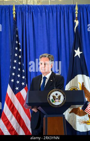 New York, États-Unis. 22 septembre 2023. Le secrétaire d'État américain Antony Blinken informe les journalistes après avoir assisté à la 78e Assemblée générale des Nations Unies. Crédit : Enrique Shore/Alamy Live News Banque D'Images