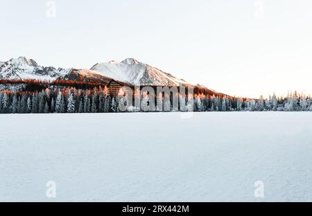 Photo de paysage de Strba tarn gelé et enneigé (Strbske pleso) en hiver. Montagnes en Slovaquie avec lac gelé au premier plan au début Mo Banque D'Images