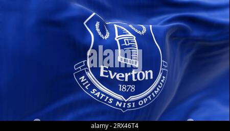 Liverpool, Royaume-Uni, 21 2023 septembre : gros plan du drapeau de l'Everton football Club. Club de football anglais professionnel. Illustration éditoriale illustratio 3D. Banque D'Images