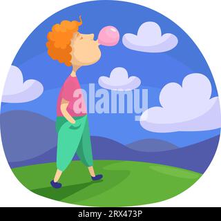 Garçon avec de la gomme à bulles, illustration, vecteur sur un fond blanc. Illustration de Vecteur