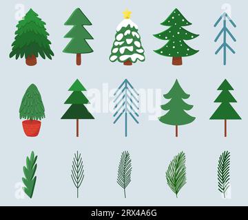 Ensemble de différents styles arbres de Noël, pin et branches, éléments de conception de vacances d'hiver, illustration vectorielle Illustration de Vecteur