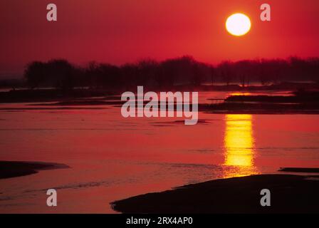 Lever du soleil sur la rivière Platte, région des loisirs de Kearney, Nebraska Banque D'Images