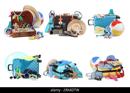 Ensemble avec valises et accessoires de plage isolé sur blanc Banque D'Images