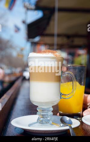 image verticale de cappuccino avec mousse et cannelle dans la tasse servi au petit déjeuner sur le bar en dehors du restaurant Banque D'Images