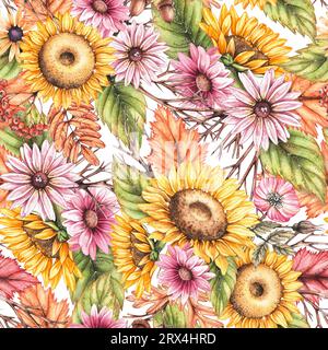 Motif aquarelle avec tournesols. Fleurs dessinées à la main avec des feuilles sèches. Modèle d'automne. Modèle d'automne sans couture pour tissu, textile, vêtements, interio Banque D'Images